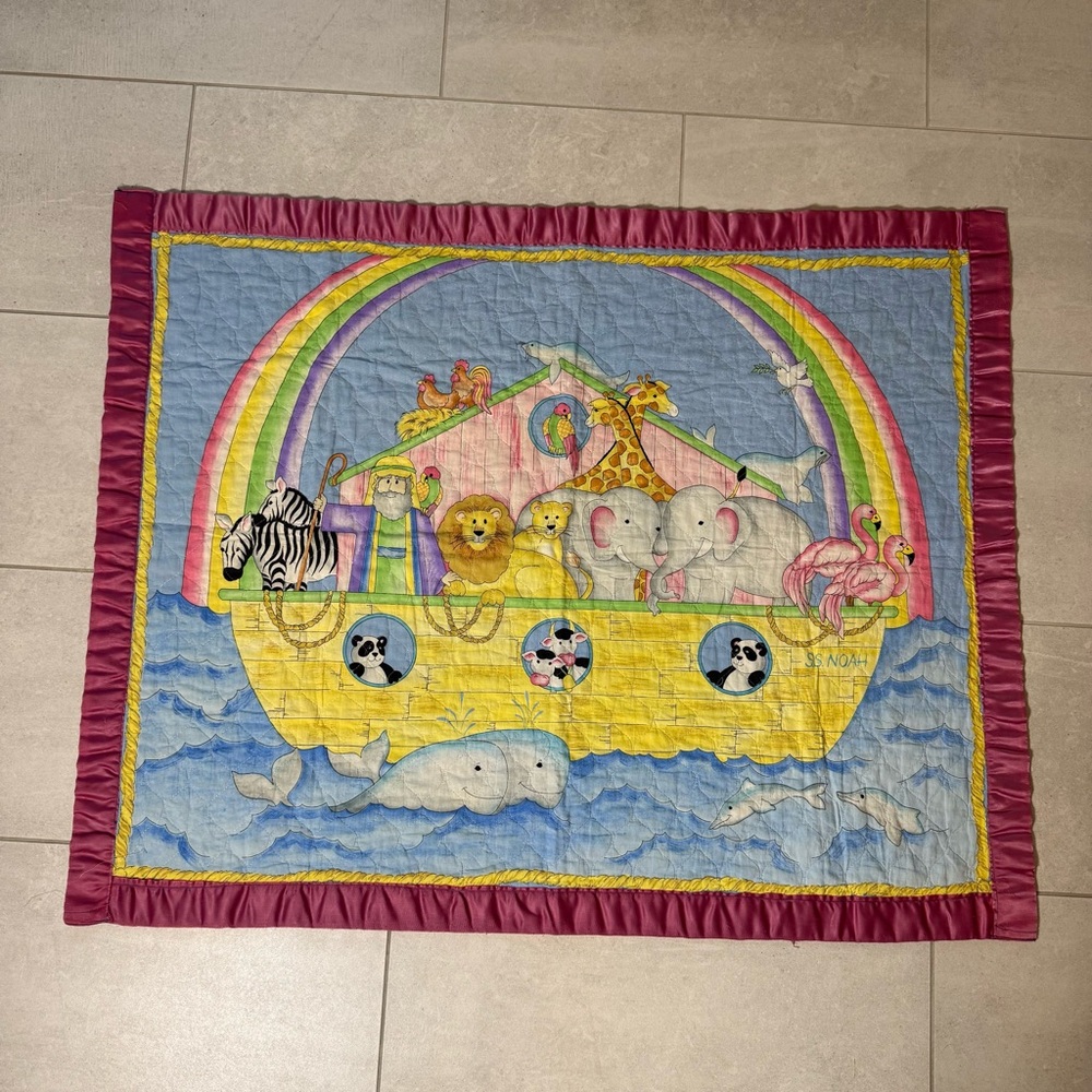 Handmade Quilt Noahs Ark Baby Blanket Toddler‎ Nursery Throw Animals 34x42